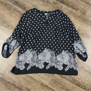 Avenue Shirt Women Size 22 Black White Paisley 3/4 Button Sleeve V Neck Blouse